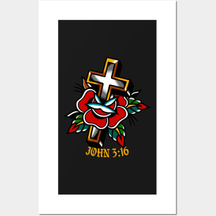 John 3:16 Cross Christian Traditional Tattoo Flash Posters and Art